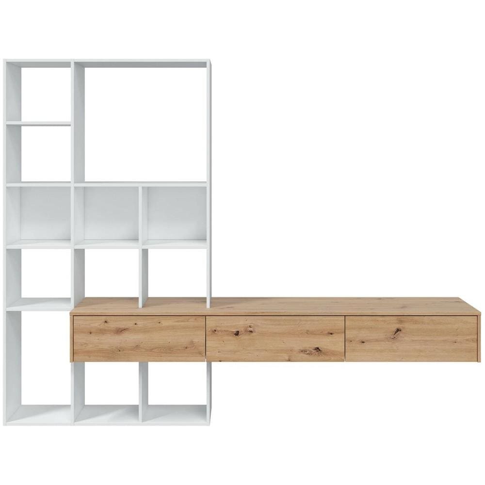 Parete Attrezzata Wausau, Set Da Soggiorno Con 3 Cassetti, Libreria Salotto Multiuso, 226x28h173 Cm, Bianco E Rovere Nodi - Foto 2