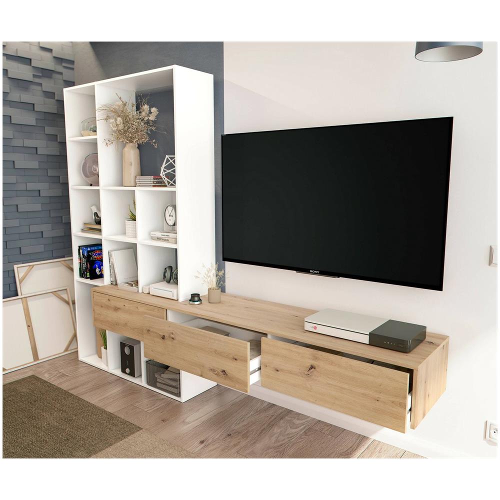 Parete Attrezzata Wausau, Set Da Soggiorno Con 3 Cassetti, Libreria Salotto Multiuso, 226x28h173 Cm, Bianco E Rovere Nodi - Foto 4