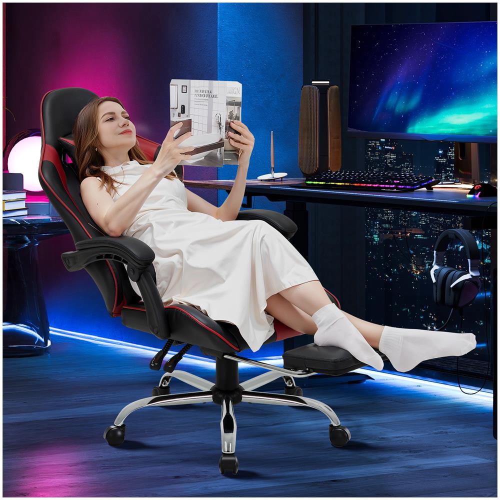 Sedia Da Gaming Sedia Da Computer Ergonomica Con Poggiapiedi, Supporto Lombare, Poggiatesta, Rotazione A 360° E Schienale Alto, Rossa - Foto 8