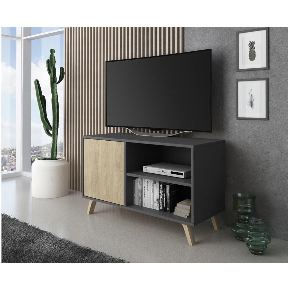 Mobile Tv 100 Con Porta Sinistra, Soggiorno, Modello Wind, Struttura Colore Grigio Antracite, Porta Puccini, Misure 92x40x40x57cm Di Altezza. - Foto 1