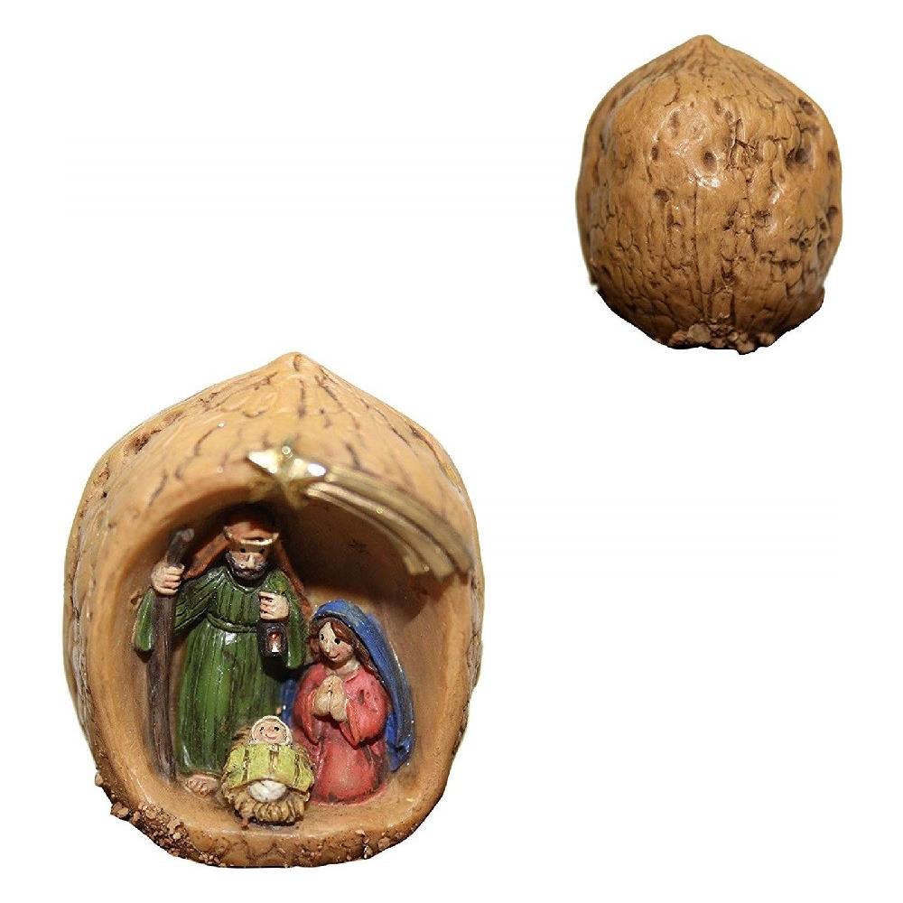 Presepe Natività Dentro Noce Resina 4,5cm Decoro Sacra Famiglia Decorazione Natale - Foto 1