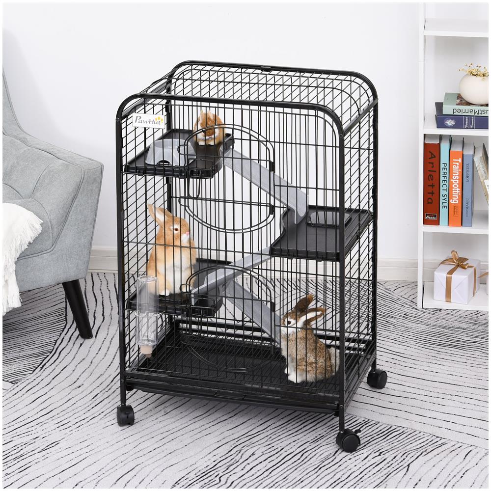 Gabbia Per Piccoli Animali E Piccoli Roditori Con Ruote, 3 Rampe E 3 Piattaforme, Ciotola E Bottiglia, 64x43.5x93cm, Nero - Foto 4