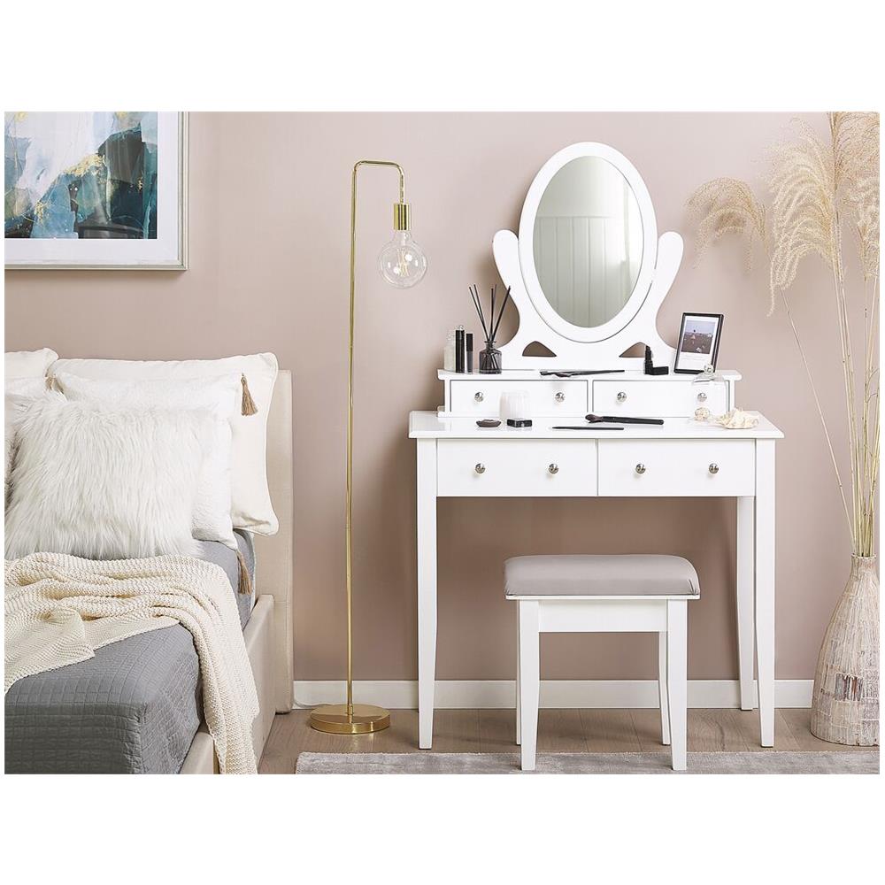Tavolo Da Toeletta Con Specchio E 4 Cassetti - Bianco E Grigio, 90x40x135 Cm, Con Sgabello - Foto 3
