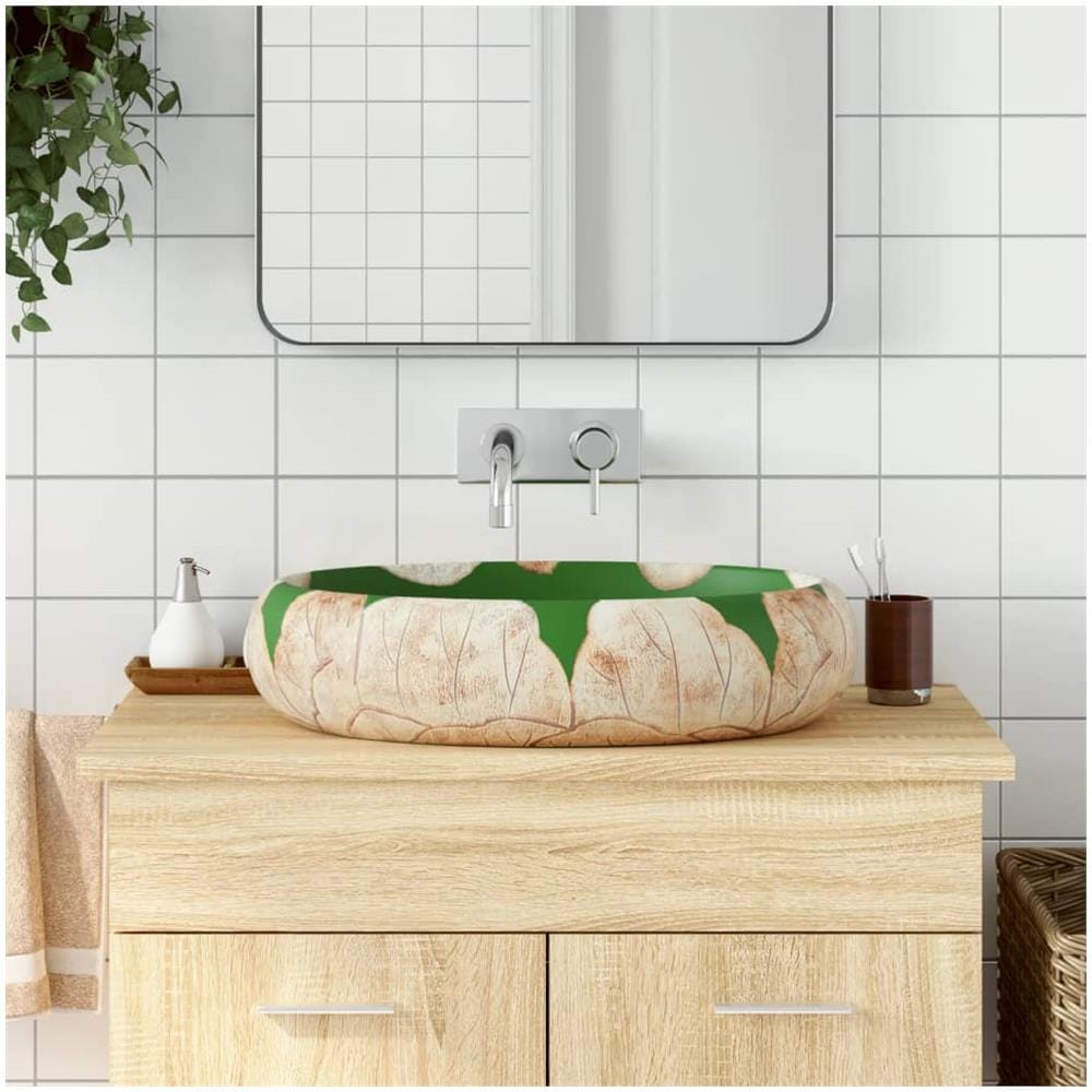 Lavabo Da Appoggio Verde E Marrone Ovale 59x40x15 Cm Ceramica - Foto 1