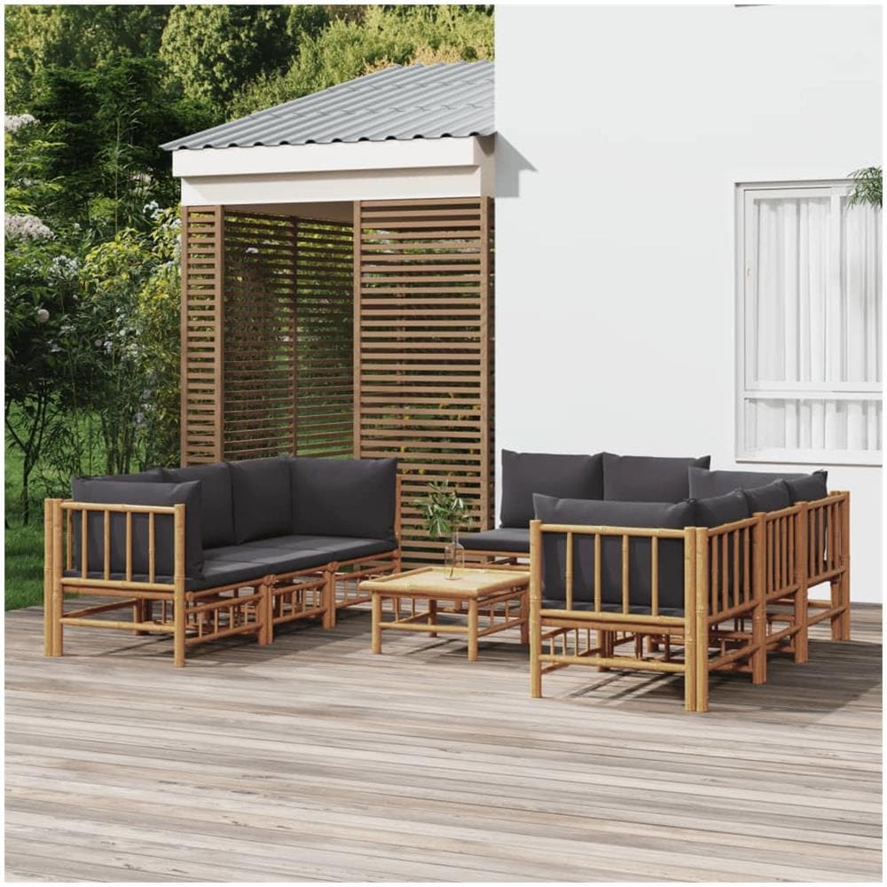 Set Salotto Da Giardino 9pz Con Cuscini Grigio Scuro Bambù - Foto 1