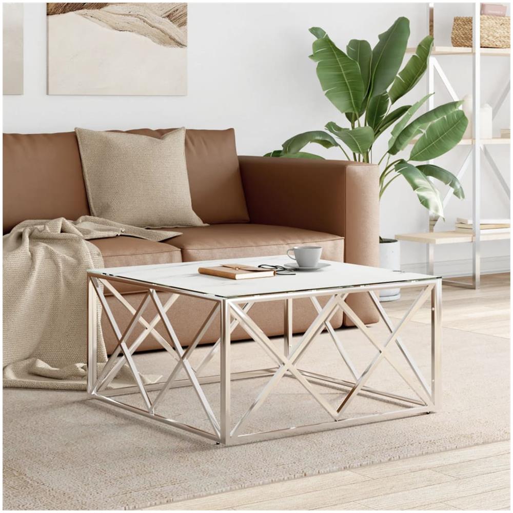 Tavolino Da Salotto Argento 80x80x40 Cm In Acciaio Inox E Vetro - Foto 1