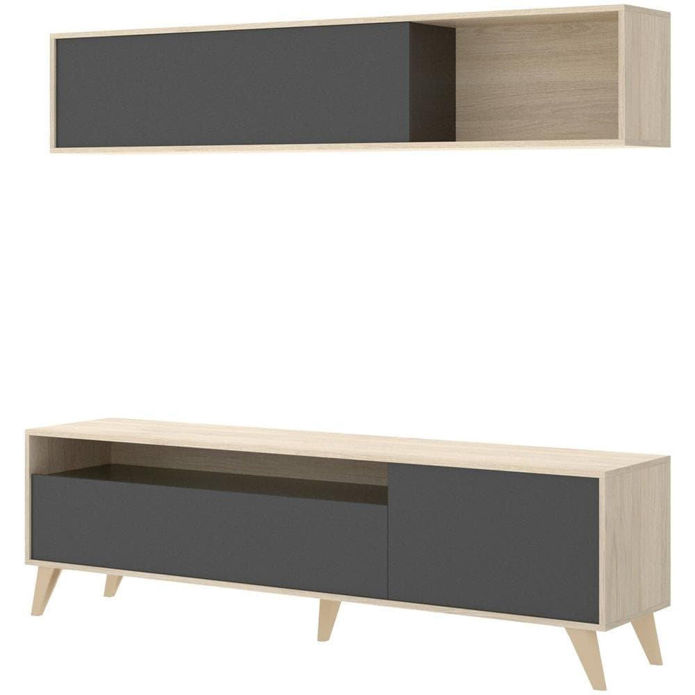 Mobile Porta Tv Tambo, Set Da Soggiorno Porta Tv, Mobile Salotto Multiuso, 180x41h180 Cm, Antracite E Rovere Nodi - Foto 2
