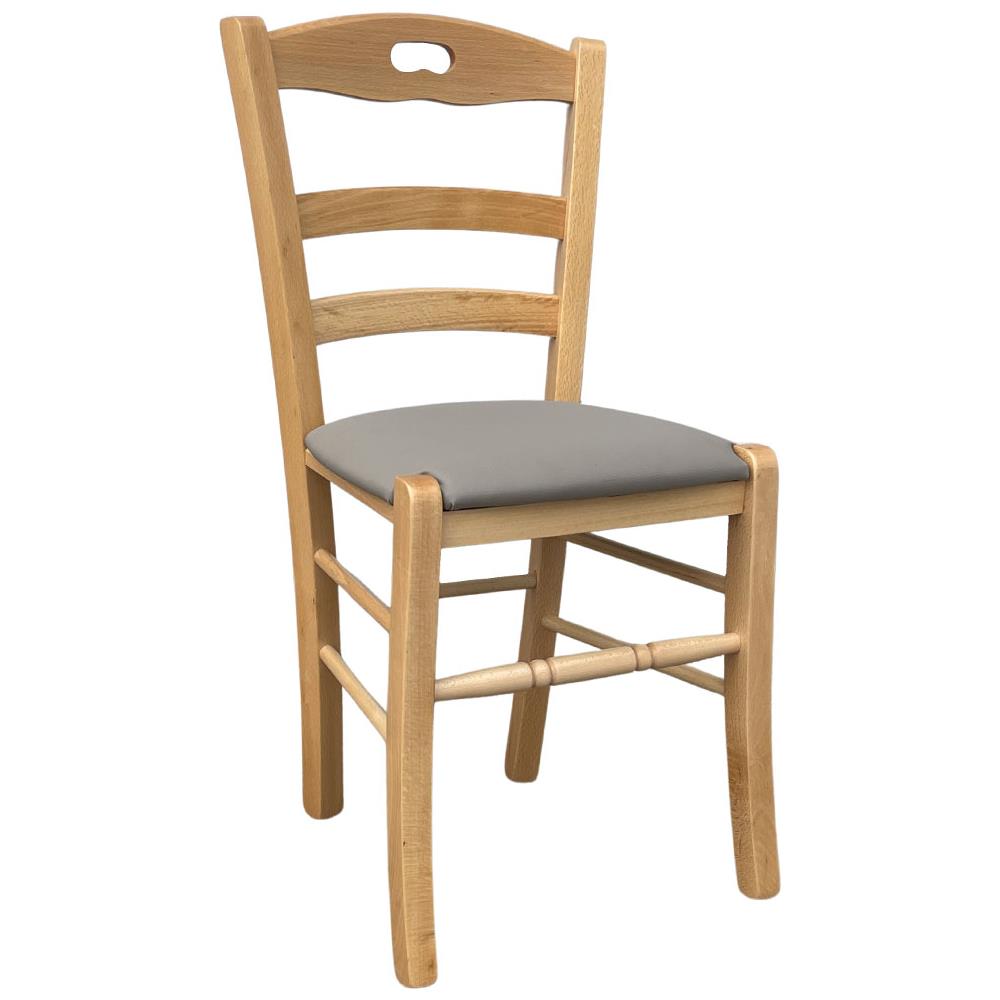 Sedia Legno Naturale Loris Con Seduta Imbottita Similpelle Tortora - Foto 1