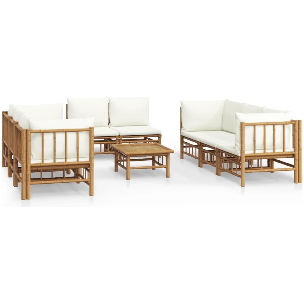 Set Salotto Da Giardino 9pz Con Cuscini Bianco Crema In Bambù - Foto 2