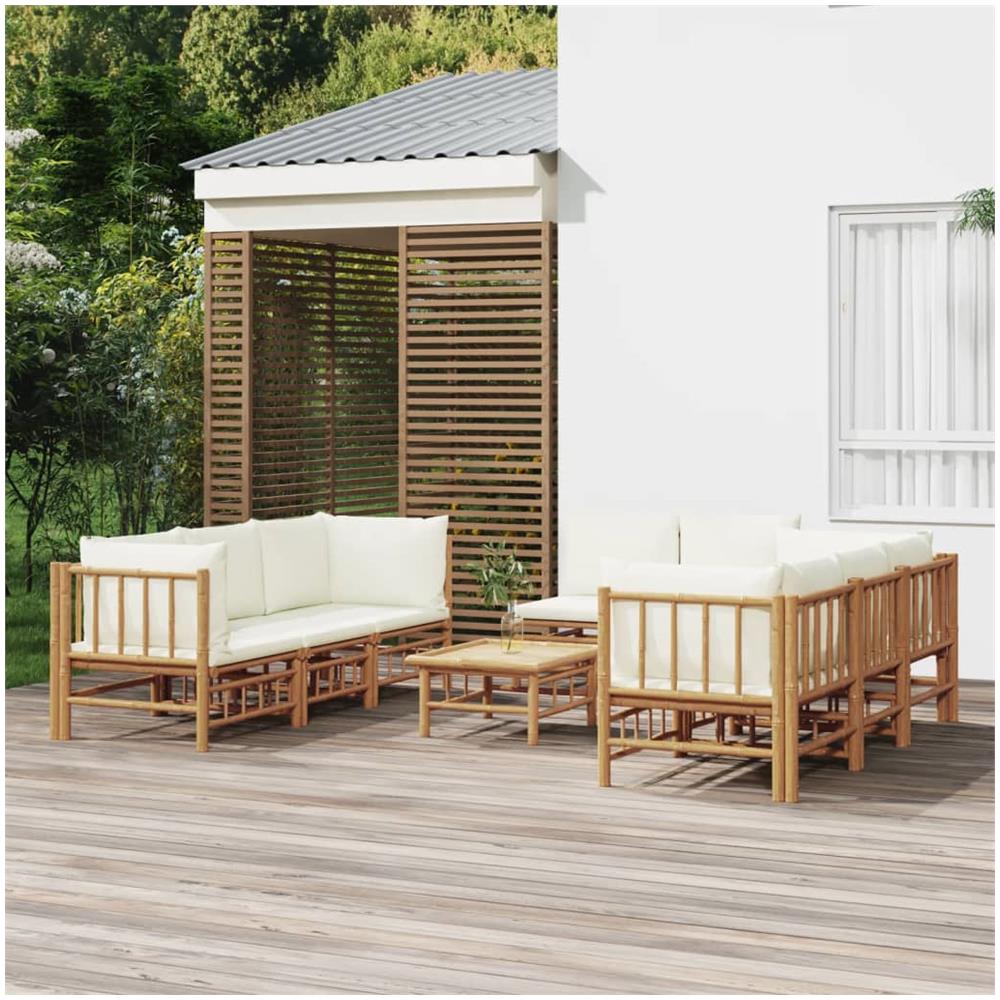 Set Salotto Da Giardino 9pz Con Cuscini Bianco Crema In Bambù - Foto 1