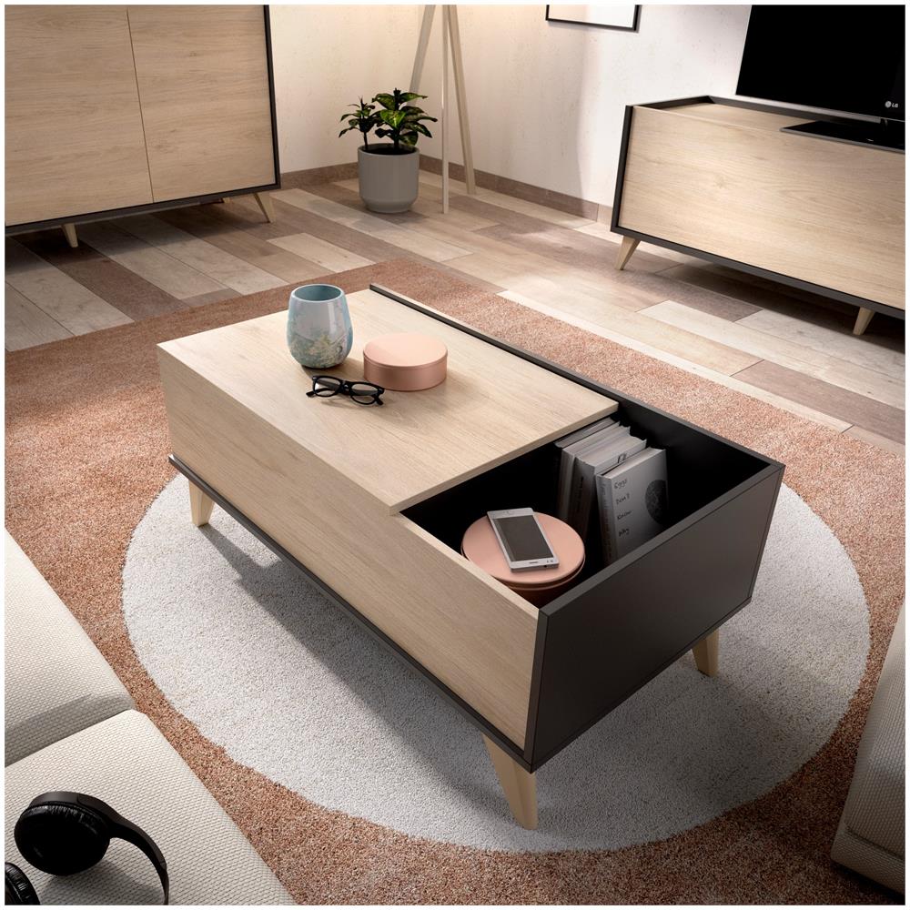 Tavolino Da Salotto Cuna, Porta Riviste Da Soggiorno Con Vano Portaoggetti, Tavolo Basso Da Caffè Elevabile, 99x60h41 Cm, Antracite E Rovere - Foto 1