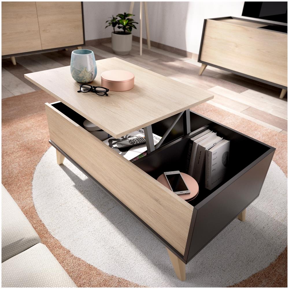 Tavolino Da Salotto Cuna, Porta Riviste Da Soggiorno Con Vano Portaoggetti, Tavolo Basso Da Caffè Elevabile, 99x60h41 Cm, Antracite E Rovere - Foto 4