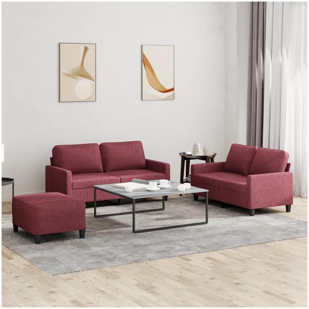 Set Di Divani 3 Pz Con Cuscini Rosso Vino In Tessuto - Foto 1