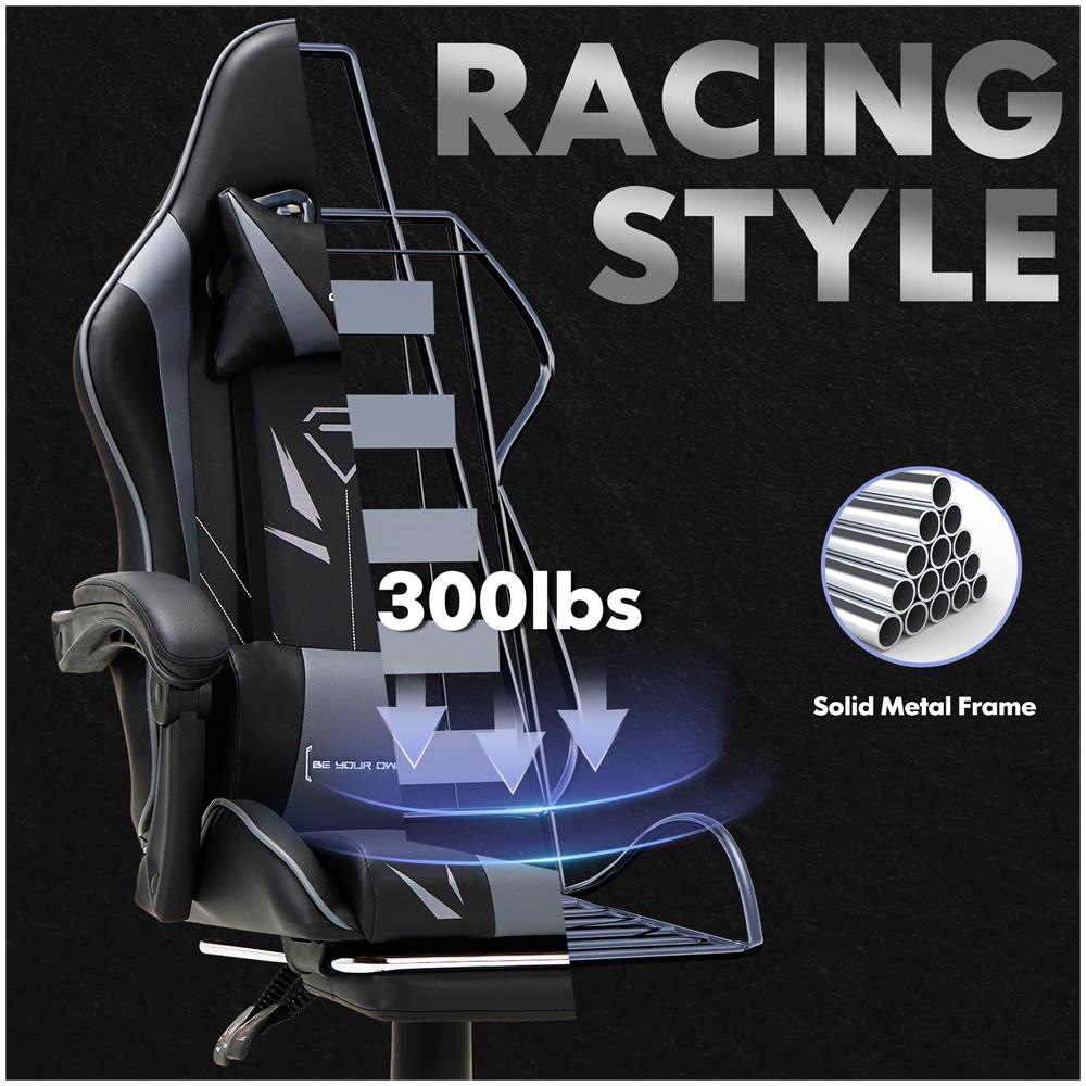 Sedia Da Gaming Sedia Da Computer Ergonomica Con Poggiapiedi, Supporto Lombare, Poggiatesta, Rotazione A 360° E Schienale Alto, Grigio - Foto 2