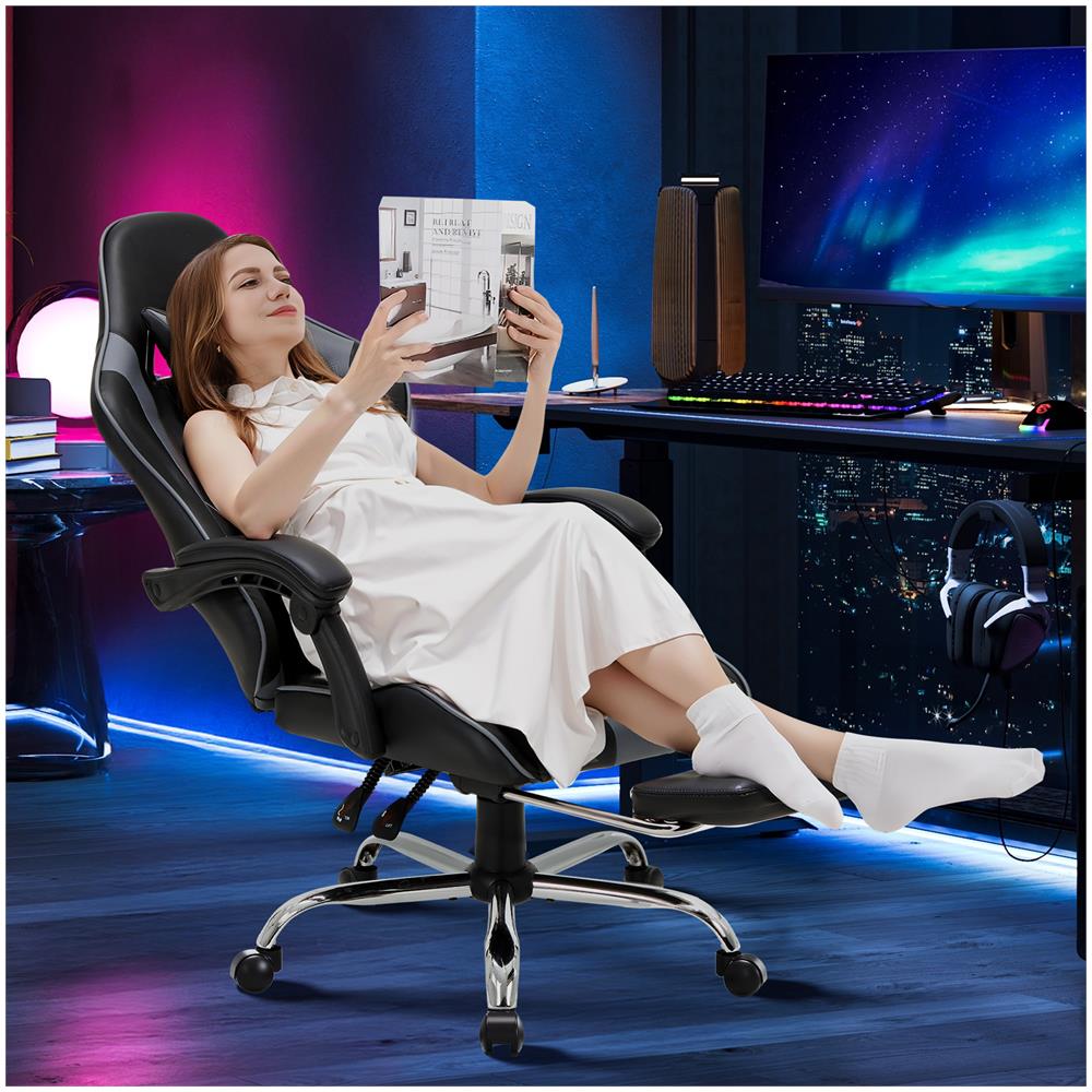 Sedia Da Gaming Sedia Da Computer Ergonomica Con Poggiapiedi, Supporto Lombare, Poggiatesta, Rotazione A 360° E Schienale Alto, Grigio - Foto 8