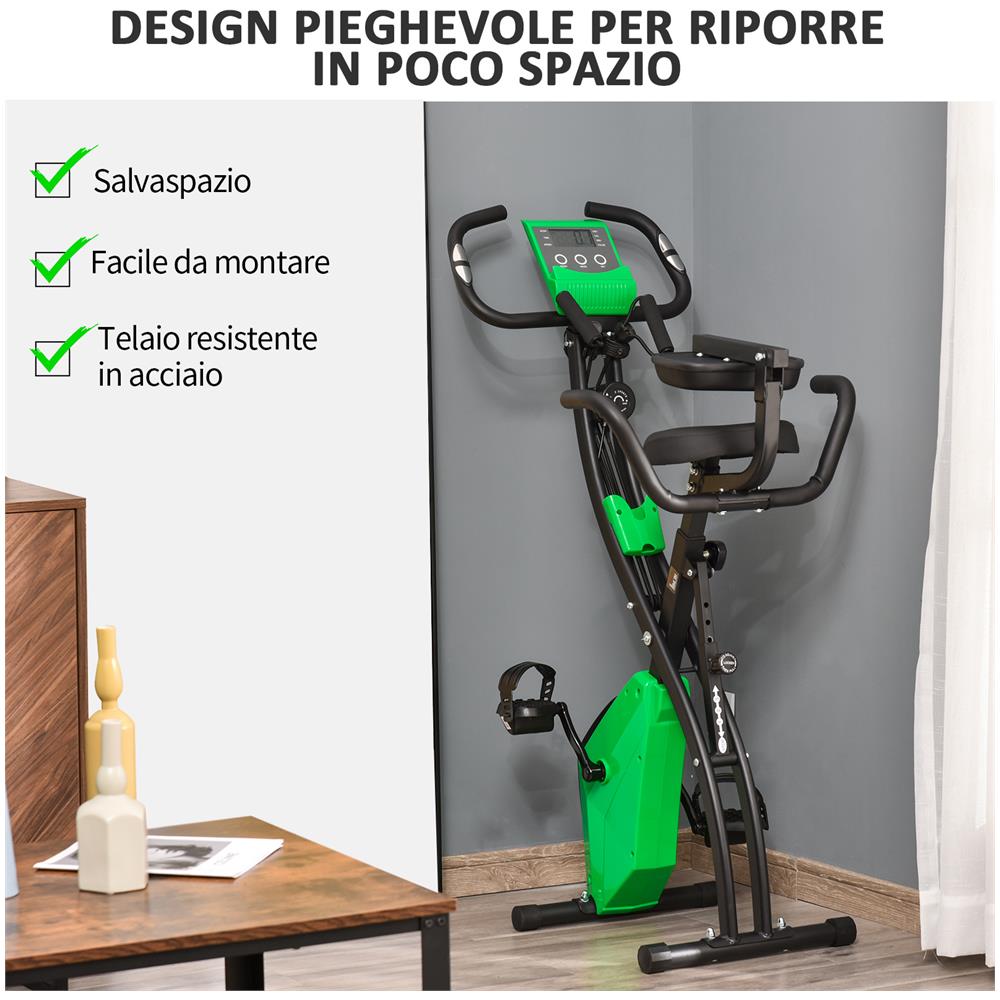 Cyclette Pieghevole 2 In 1, Resistenza Magnetica Regolabile 8 Livelli, Bici Da Fitness Con Sensore Di Frequenza Cardiaca, Elastici Per Braccia, Schermo Lcd, Volano 2.5kg, Verde - Foto 2
