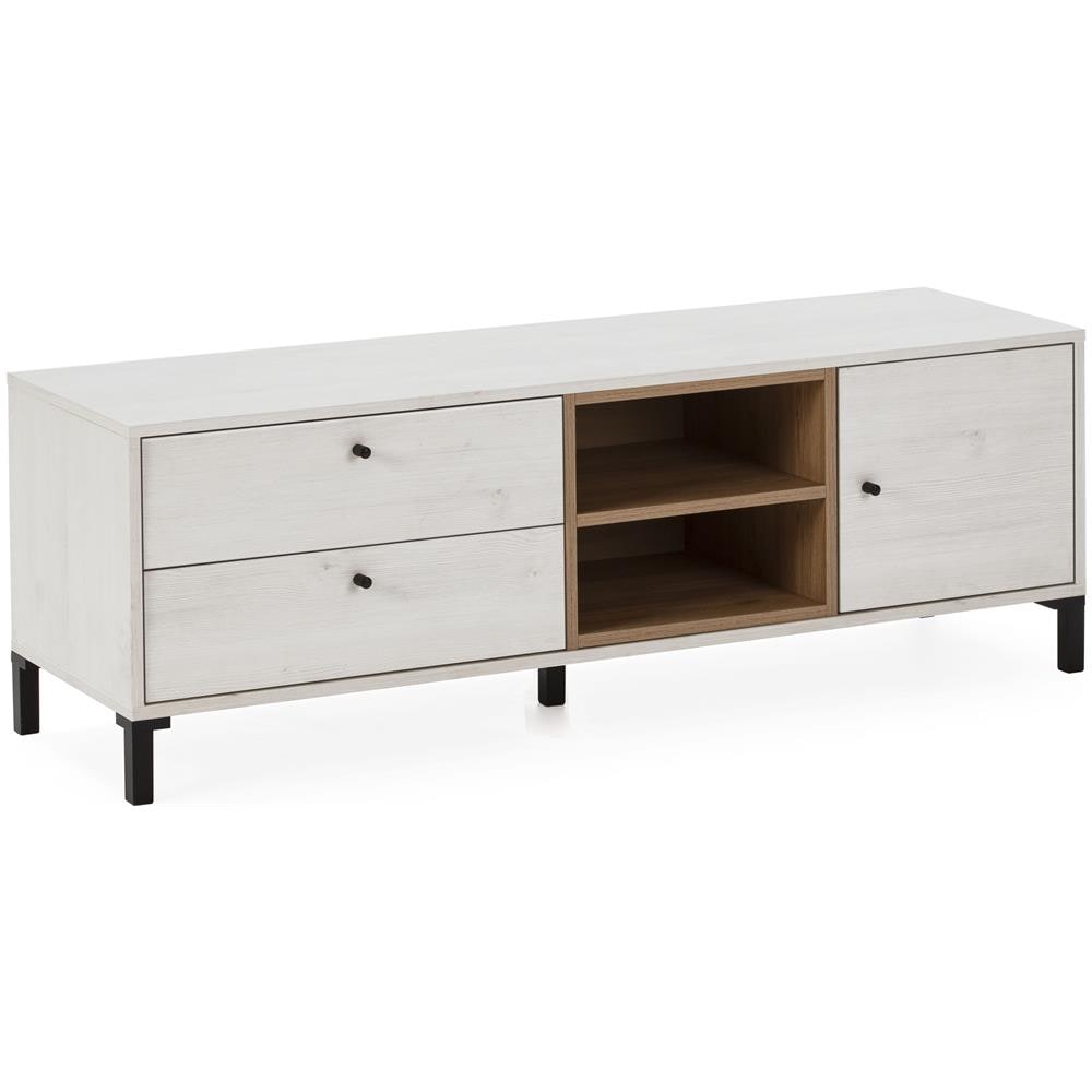 Mobile Tv Javea 2 Cassetti E 1 Porta, Color Bianco E Legno, 136,5 Cm (larghezza) 40 Cm (profonditá) 47 Cm (altezza) - Foto 1