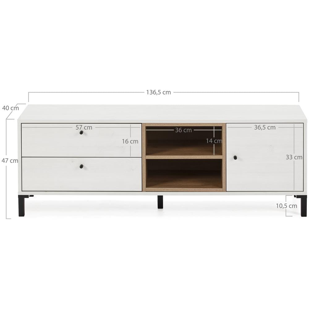 Mobile Tv Javea 2 Cassetti E 1 Porta, Color Bianco E Legno, 136,5 Cm (larghezza) 40 Cm (profonditá) 47 Cm (altezza) - Foto 3