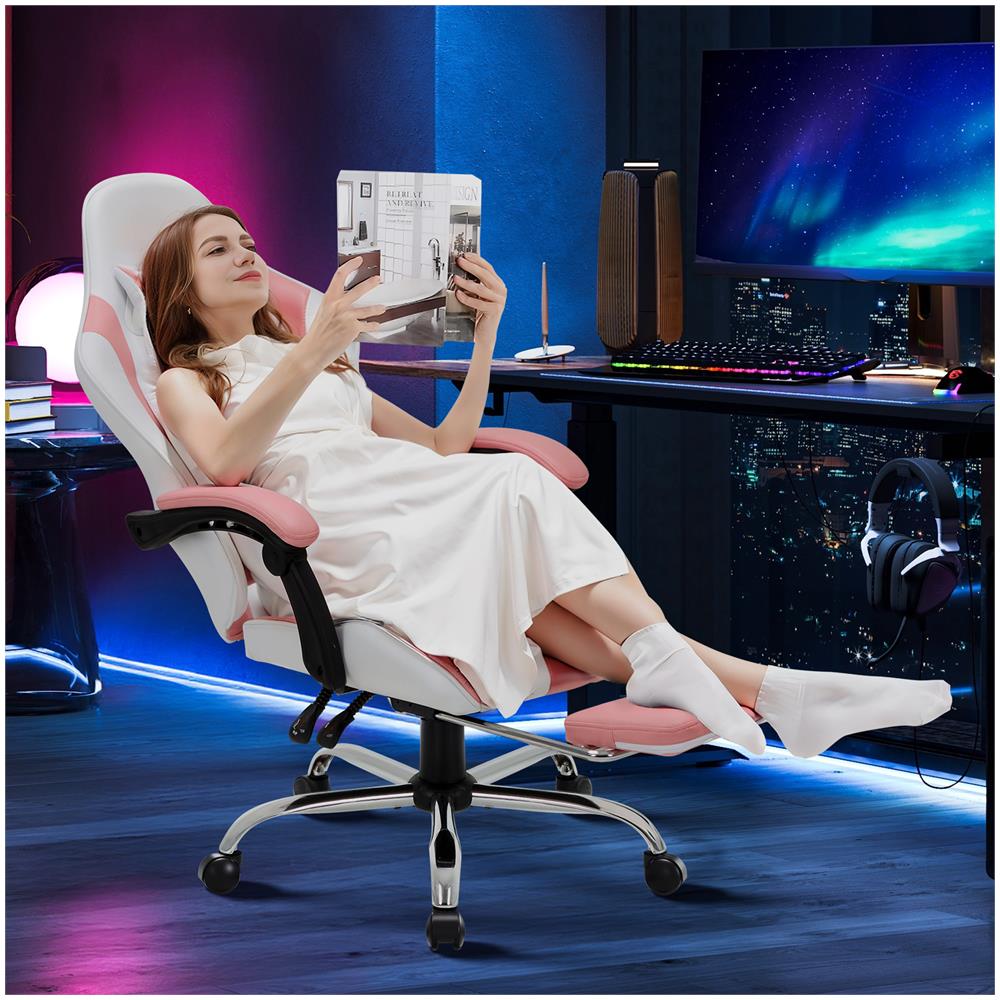 Sedia Da Gaming Sedia Da Computer Ergonomica Con Poggiapiedi, Supporto Lombare, Poggiatesta, Rotazione A 360° E Schienale Alto, Rosa - Foto 8