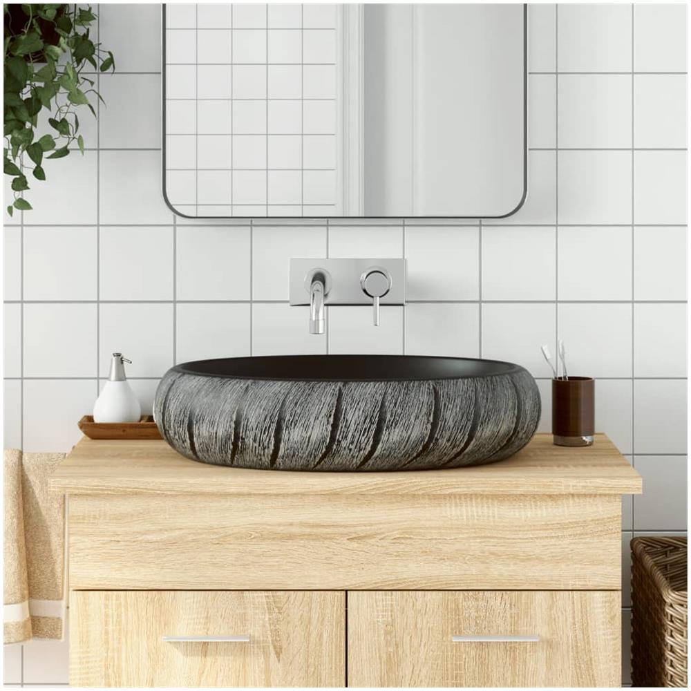 Lavabo Da Appoggio Nero E Grigio Ovale 59x40x15 Cm Ceramica - Foto 1