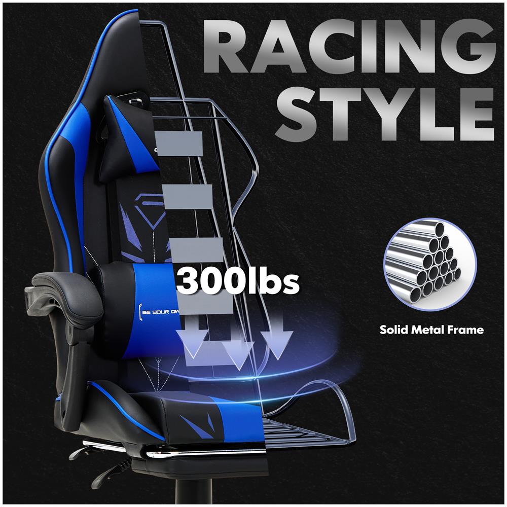 Sedia Da Gaming Sedia Da Computer Ergonomica Con Poggiapiedi, Supporto Lombare, Poggiatesta, Rotazione A 360° E Schienale Alto, Blu - Foto 2