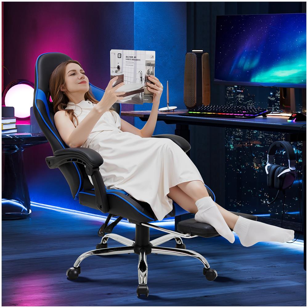 Sedia Da Gaming Sedia Da Computer Ergonomica Con Poggiapiedi, Supporto Lombare, Poggiatesta, Rotazione A 360° E Schienale Alto, Blu - Foto 8