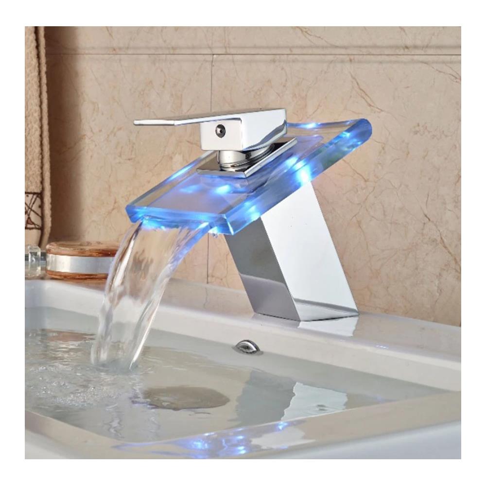 Rubinetto per lavabo da bagno con LED, Blackswan, modello Waterfall M6, vetro temperato trasparente, dimensioni 11,3 x 13,7 cm - Foto 2