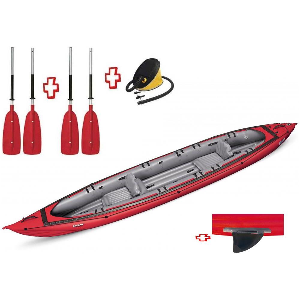 Canoa Gonfiabile Seawave Rosso Con Pinna 044119-r (5c/11c) + 2 Pagaie Touring-2 Div. In 2 Parti + Pompa - Foto 1