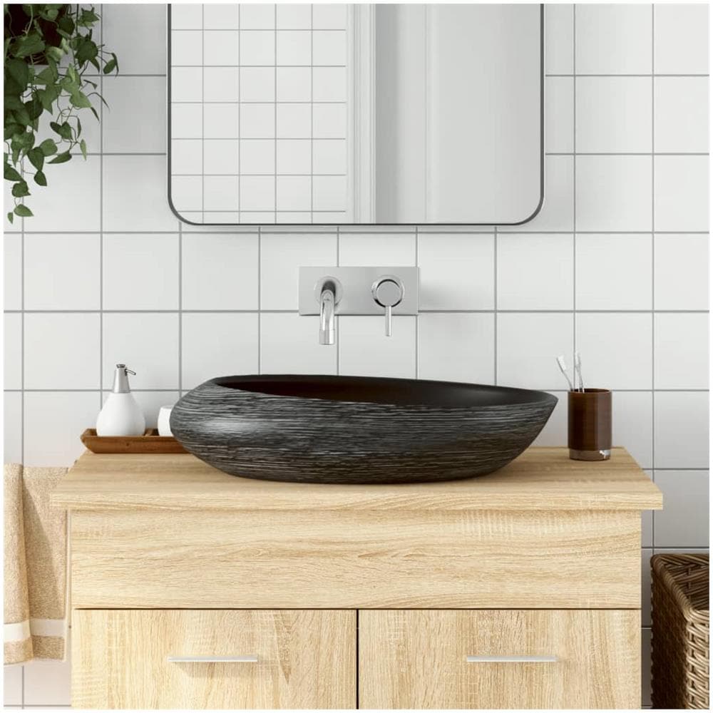 Lavabo Da Appoggio Grigio E Nero Ovale 59x40x14 Cm Ceramica - Foto 1