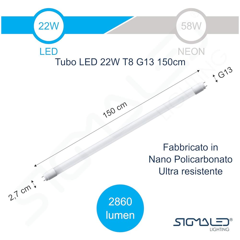 Pack Da 10 Tubo Led T8 G13 - 150cm 22w- Luce Bianca Naturale 4000k - 2860lm (130lm /w) - Sostituisce Un Tubo Neon 150cm Da 58w - Fascio Luce 300° - Led Starter Fornito - Foto 4