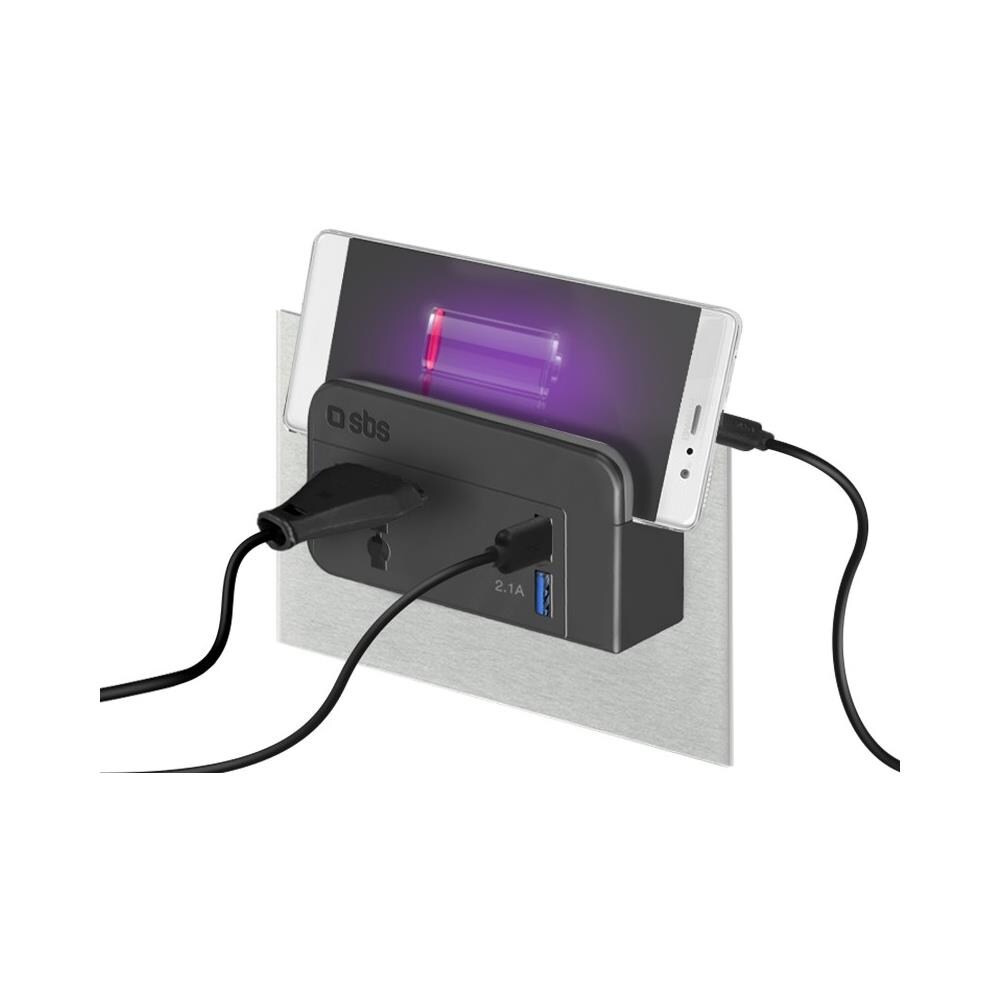 Alimentatore 110/250V universale con supporto da muro, 2 USB 2A, 3 pin intercambiabili (EU, UK, US) - SBS NERO - Foto 2