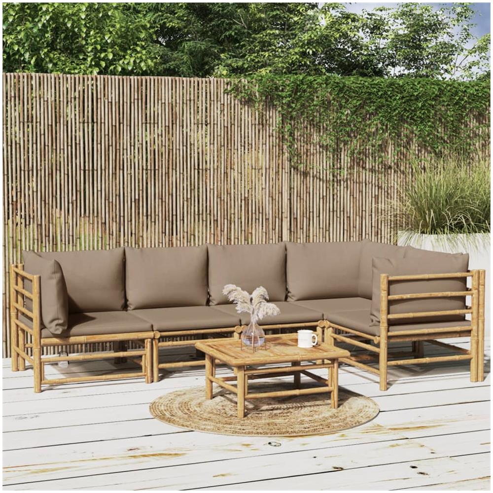 Set Salotto Da Giardino 6pz Con Cuscini Tortora Bambù - Foto 1