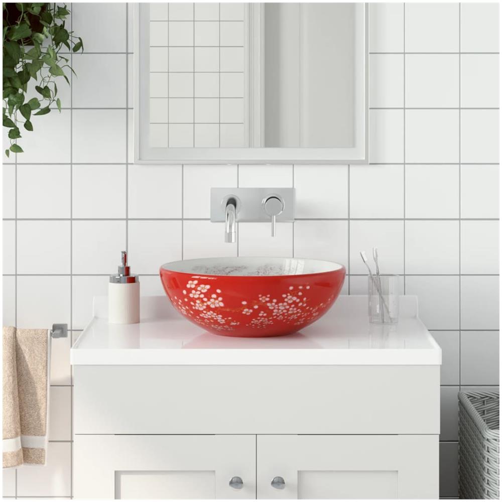 Lavabo Da Appoggio Bianco E Rosso Rotondo F41x14 Cm Ceramica - Foto 1