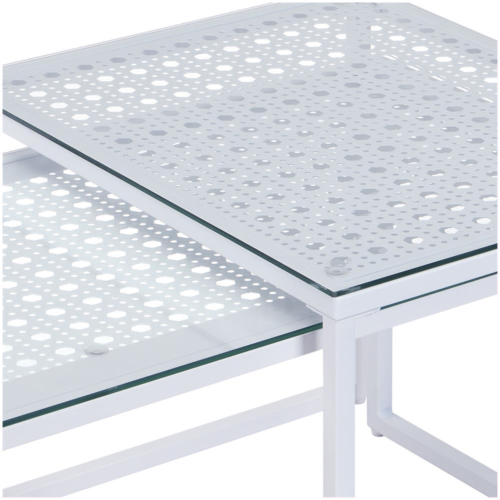 Set di 2 tavolini impilabili, piano in vetro, struttura in metallo, tavolino da caffè bianco, tavolino da divano - Foto 2