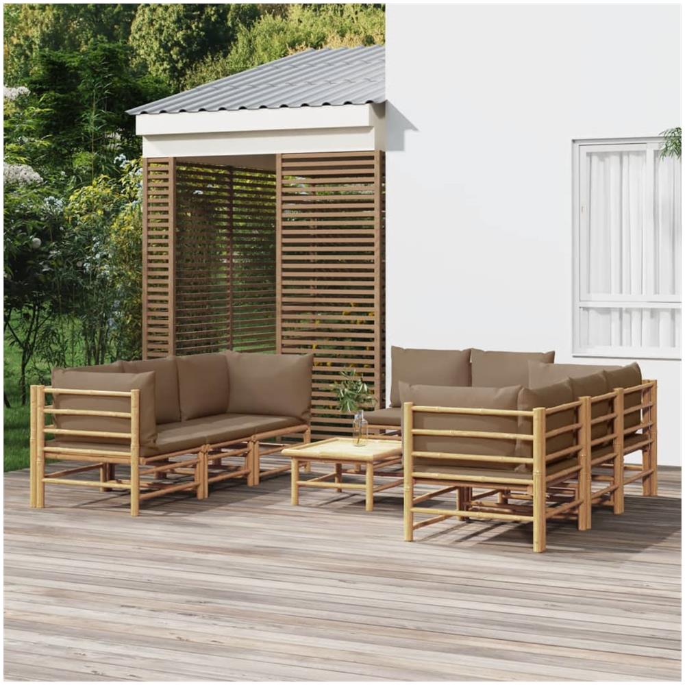 Set Salotto Da Giardino 9pz Con Cuscini Tortora Bambù - Foto 1