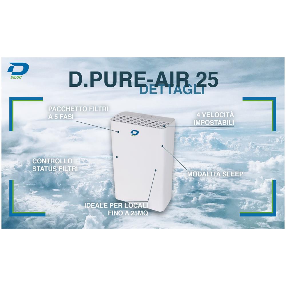 Purificatore d'Aria D.PURE-AIR25 con Sistema a 5 Filtri i per Ambienti Fino a 25 mq Timer 4 Velocità Colore Bianco - Foto 6