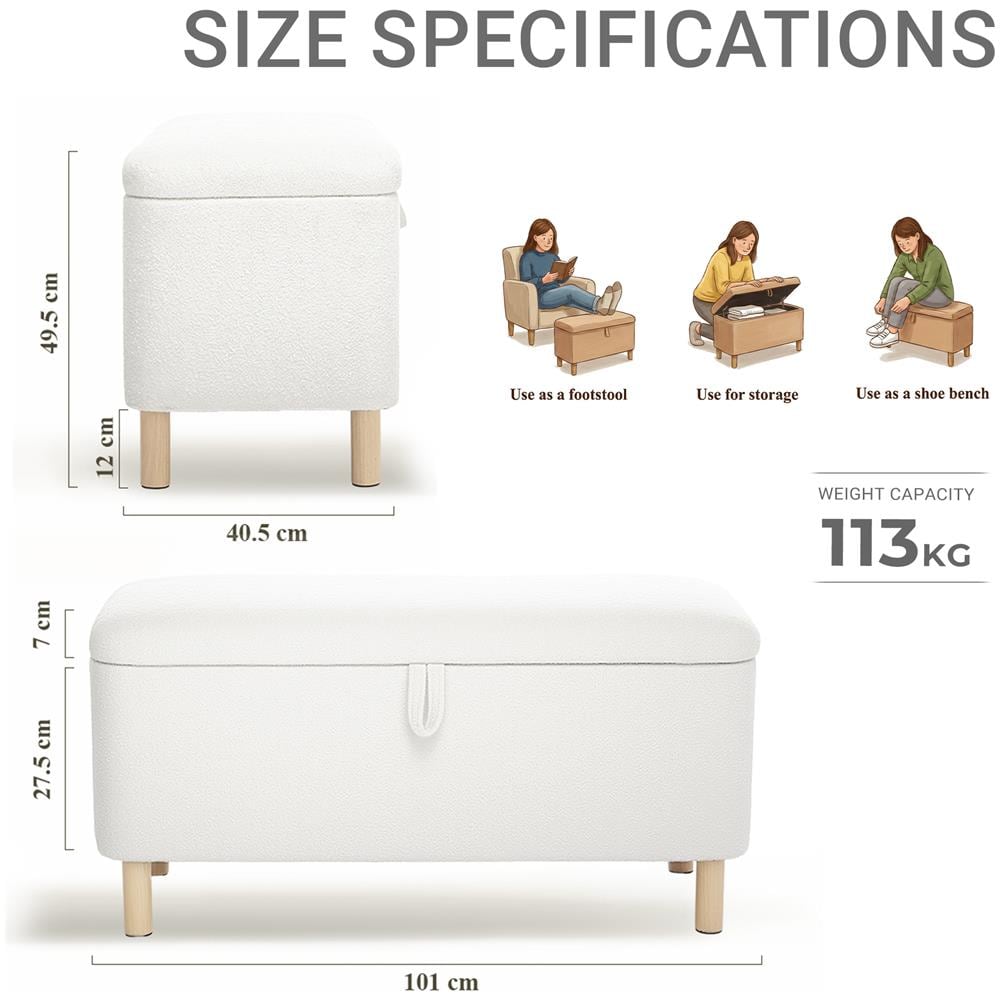 Poggiapiedi, Pouf Rotondo In Stoffa Con Coperchio A Vassoio Reversibile, Poggiapiedi Multifunzionale Con Spazio Di Archiviazione Nascosto, Stabile Ed Elegante, Colore Bianco - Foto 2