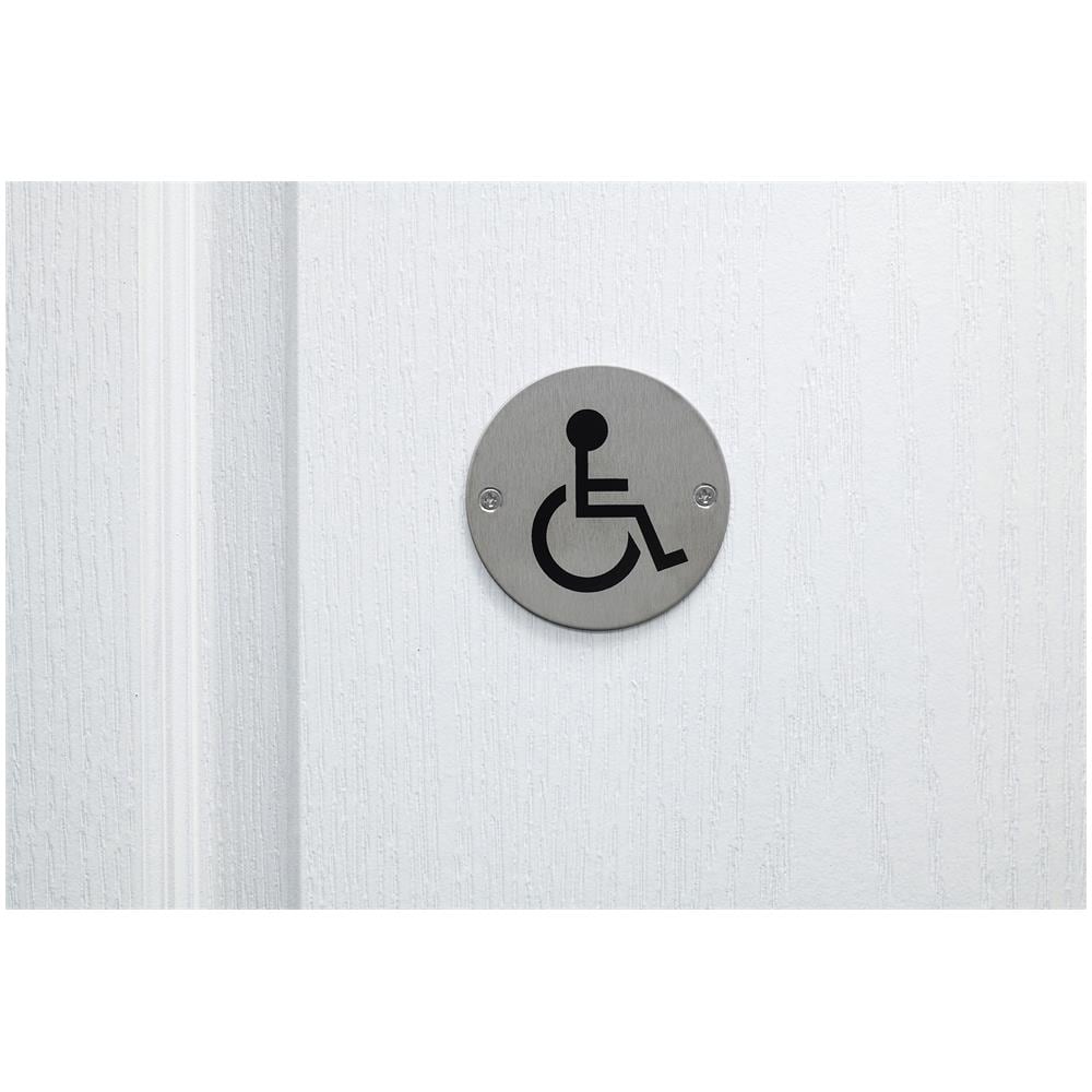 Cartello Tondo Per Toilette Per Disabili, Da Avvitare, Targa In Acciaio Inossidabile Spazzolato, Marcatura Nera, Ø76mm - - Foto 3