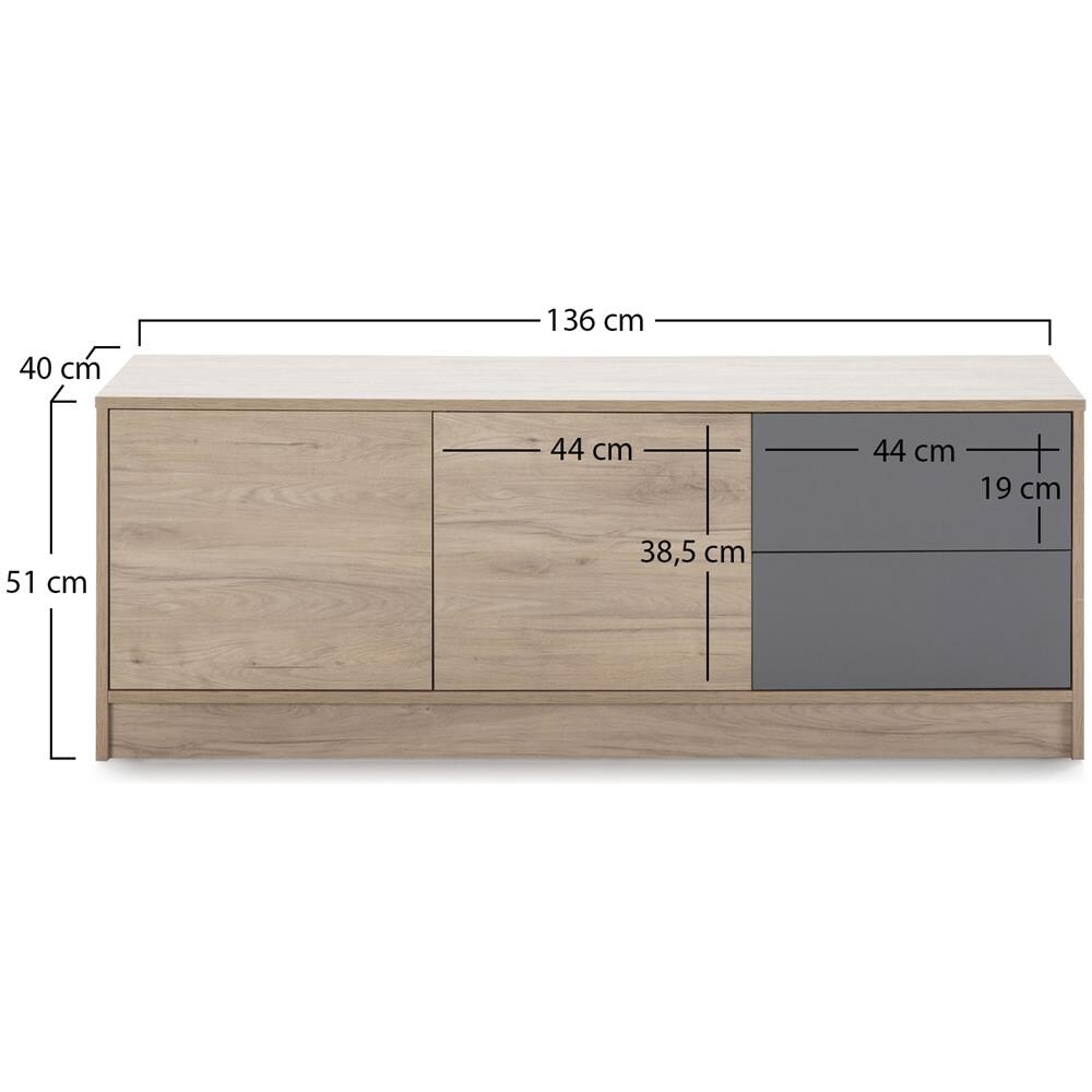 Mobile Tv Panama 2 Cassetti 2 Porte, Color Legno E Grigio, 136 Cm (larghezza) 40 Cm (profonditá) 51 Cm (altezza) - Foto 3