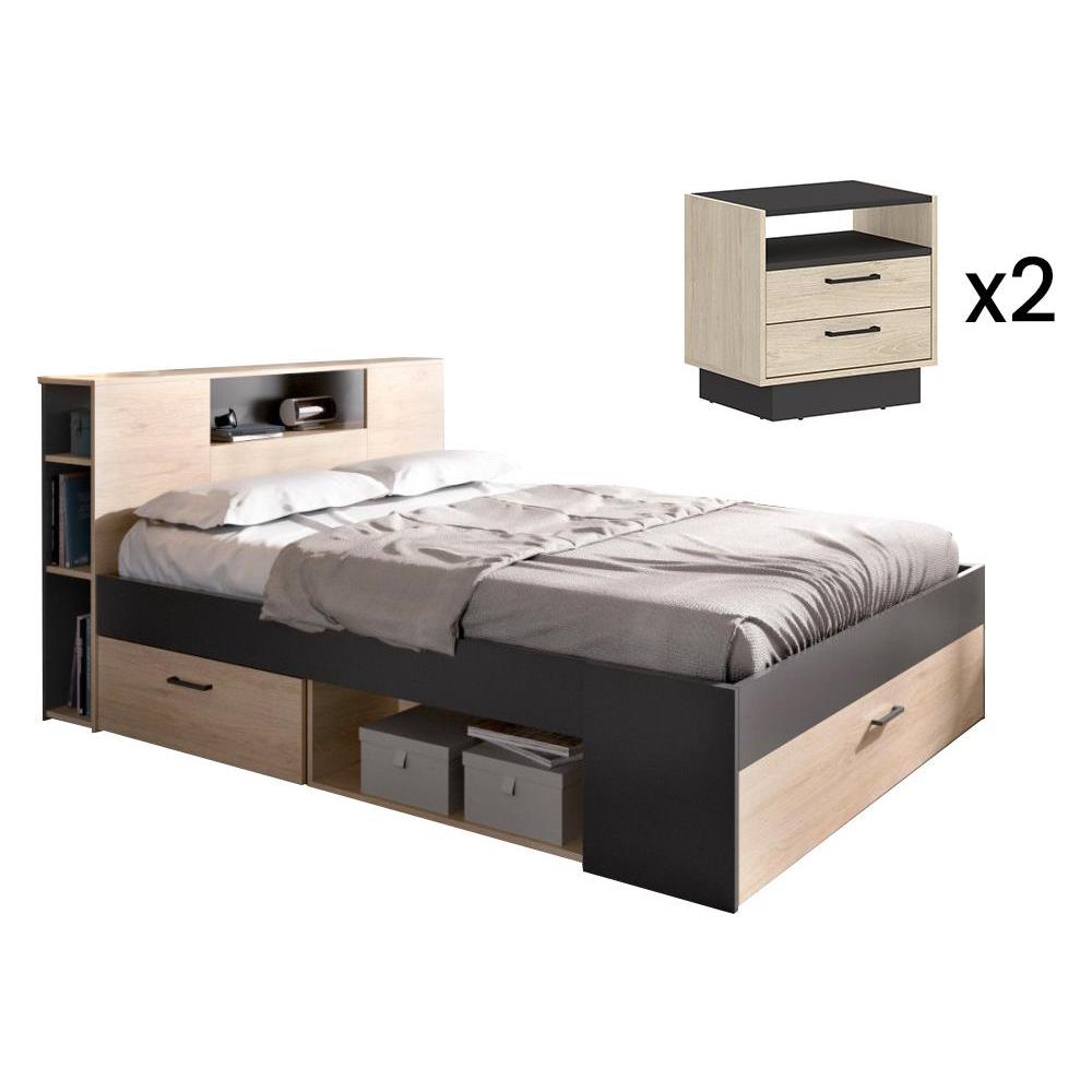 Letto Con Testata, Vani Portaoggetti E Cassetto 90 X 190 Cm Bianco E Naturale Leandre 85099462