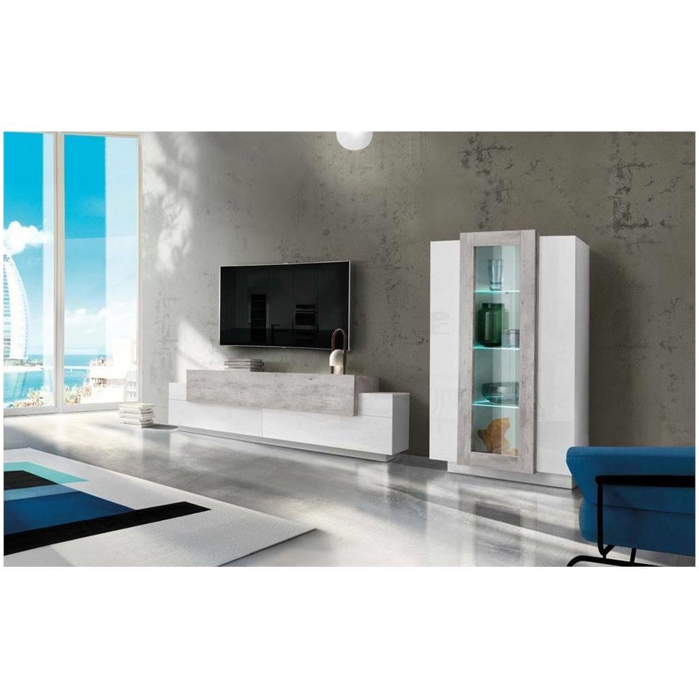 Parete Attrezzata Mirko, Set Salotto Porta Tv, Mobile Soggiorno Multiuso, 100% Made In Italy, Cm 280x45h121, Bianco Lucido E Cemento - Foto 1