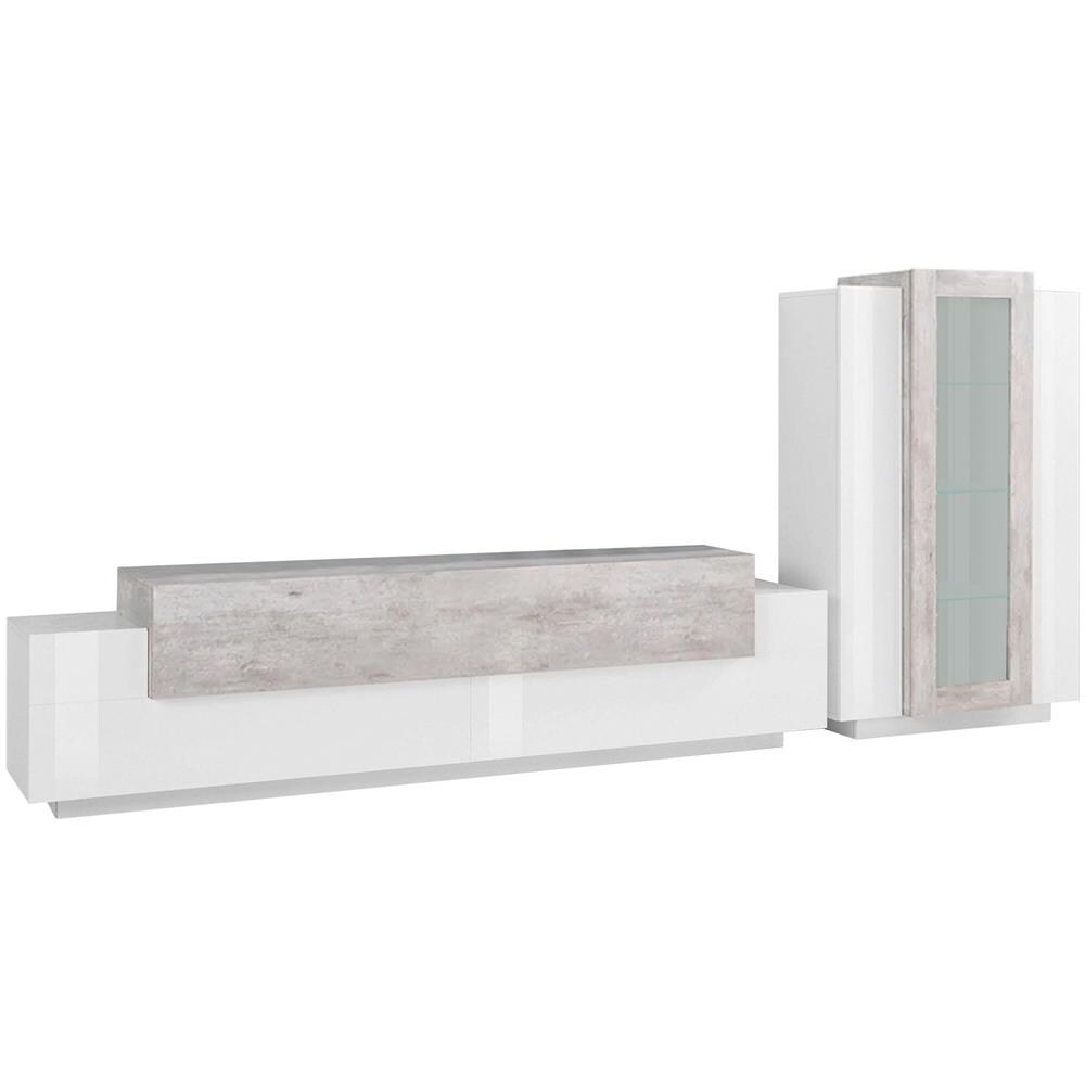 Parete Attrezzata Mirko, Set Salotto Porta Tv, Mobile Soggiorno Multiuso, 100% Made In Italy, Cm 280x45h121, Bianco Lucido E Cemento - Foto 2