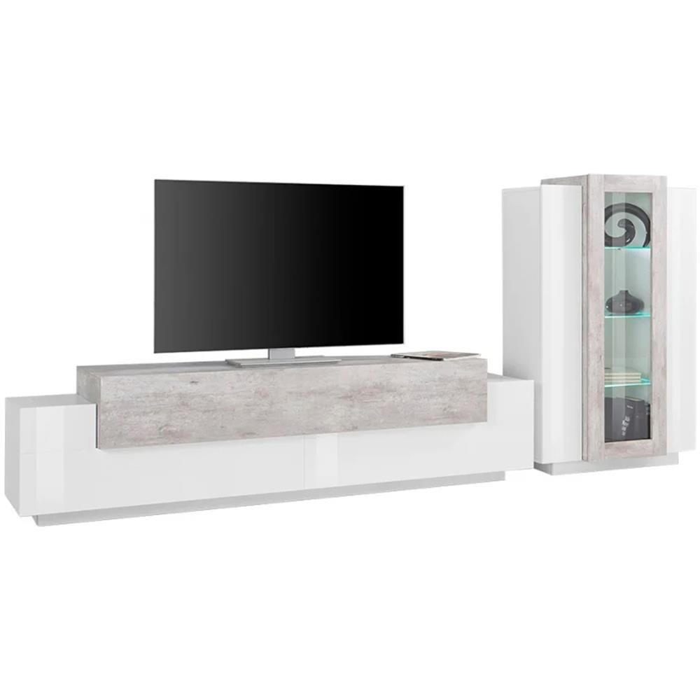 Parete Attrezzata Mirko, Set Salotto Porta Tv, Mobile Soggiorno Multiuso, 100% Made In Italy, Cm 280x45h121, Bianco Lucido E Cemento - Foto 4