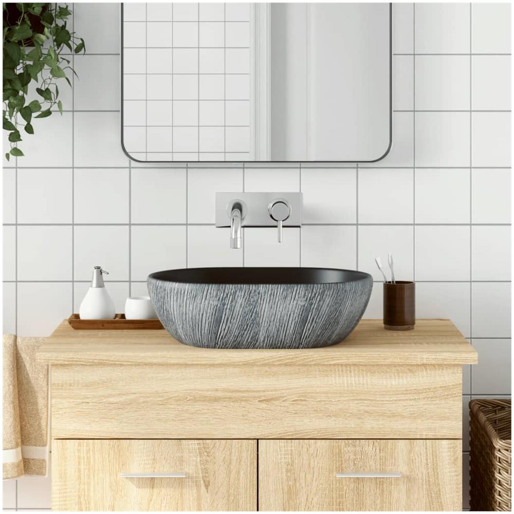 Lavabo Da Appoggio Nero E Grigio Ovale 47x33x13 Cm Ceramica - Foto 1