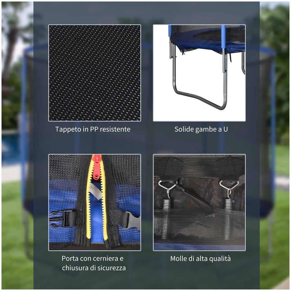 Tappeto Elastico Per Bambini E Adulti Con Rete E Bordo Imbottito, Giochi Da Giardino E Casa Ø305x248cm Blu E Nero - Foto 2