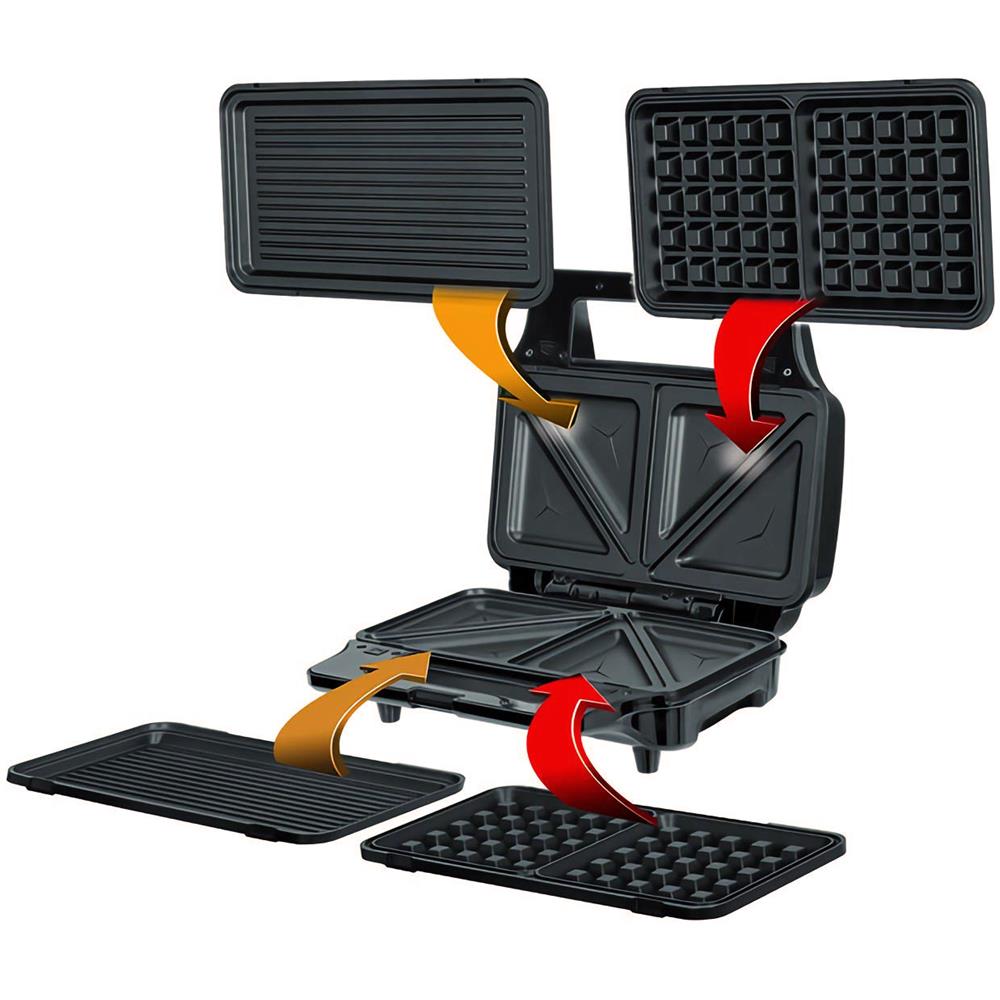 MOP-23M Sandwichtoaster / Wafflemaker / Grill 3 in 1 Potenza 900 W con Piastre Intercambiabili - Nero / Argento - Foto 1