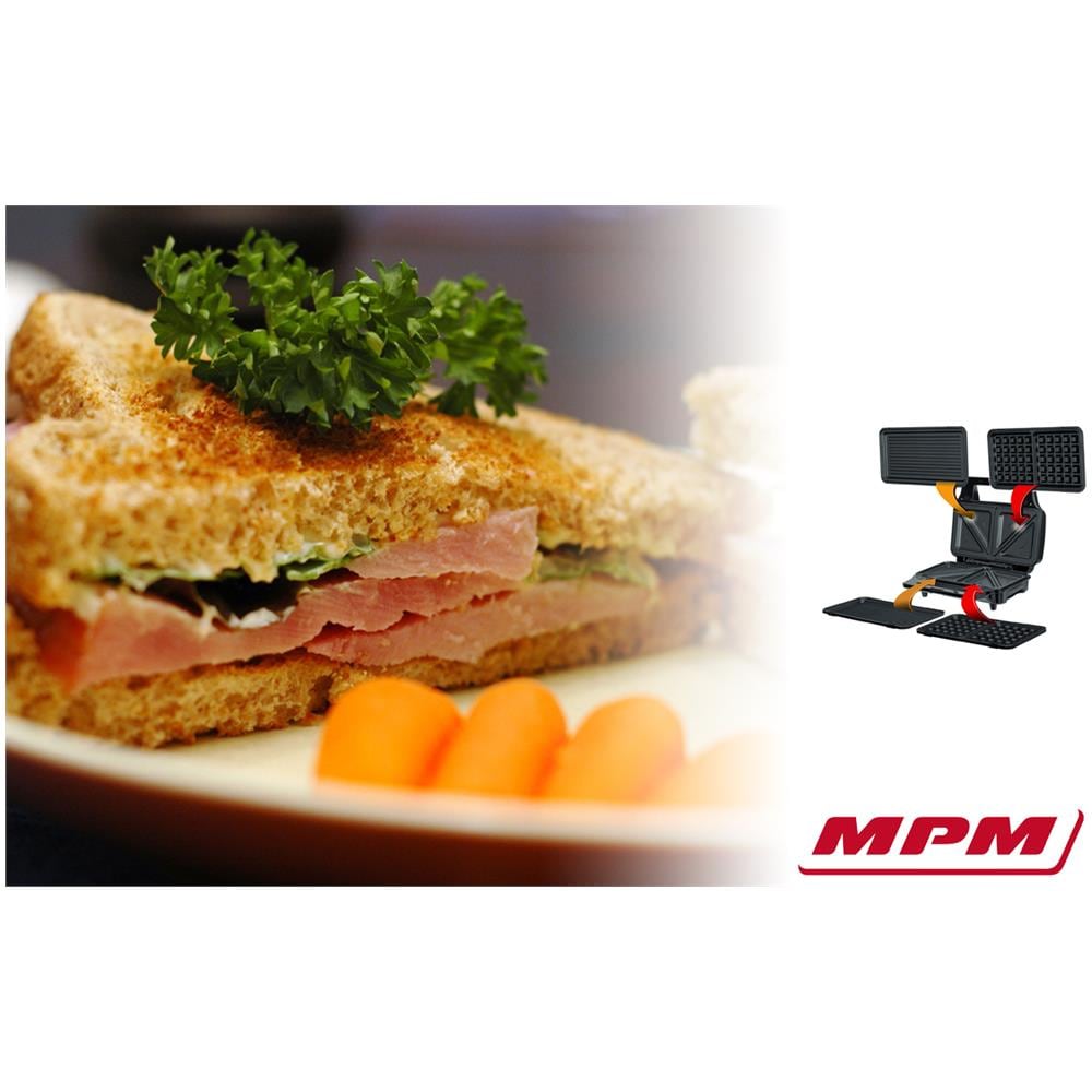 MOP-23M Sandwichtoaster / Wafflemaker / Grill 3 in 1 Potenza 900 W con Piastre Intercambiabili - Nero / Argento - Foto 5