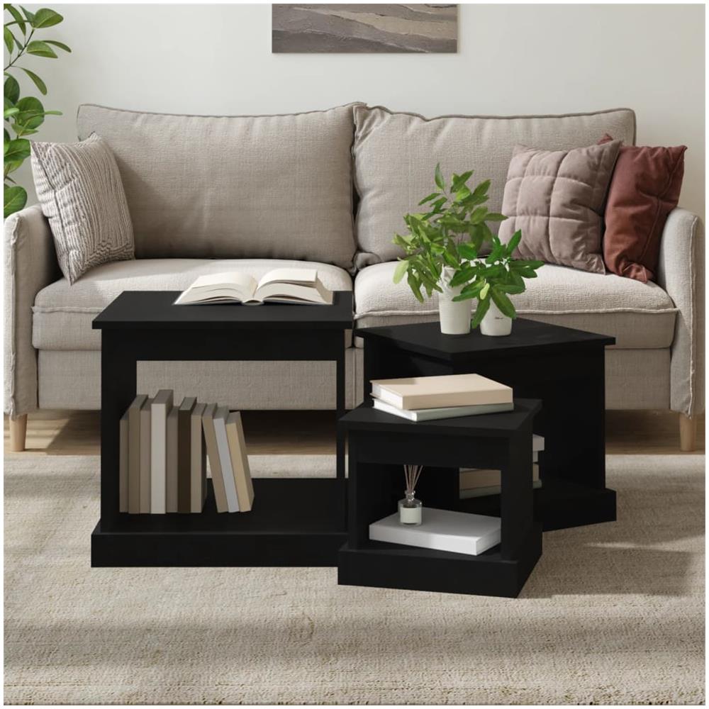 Tavolini Impilabili 3 Pz Neri In Legno Multistrato - Foto 1