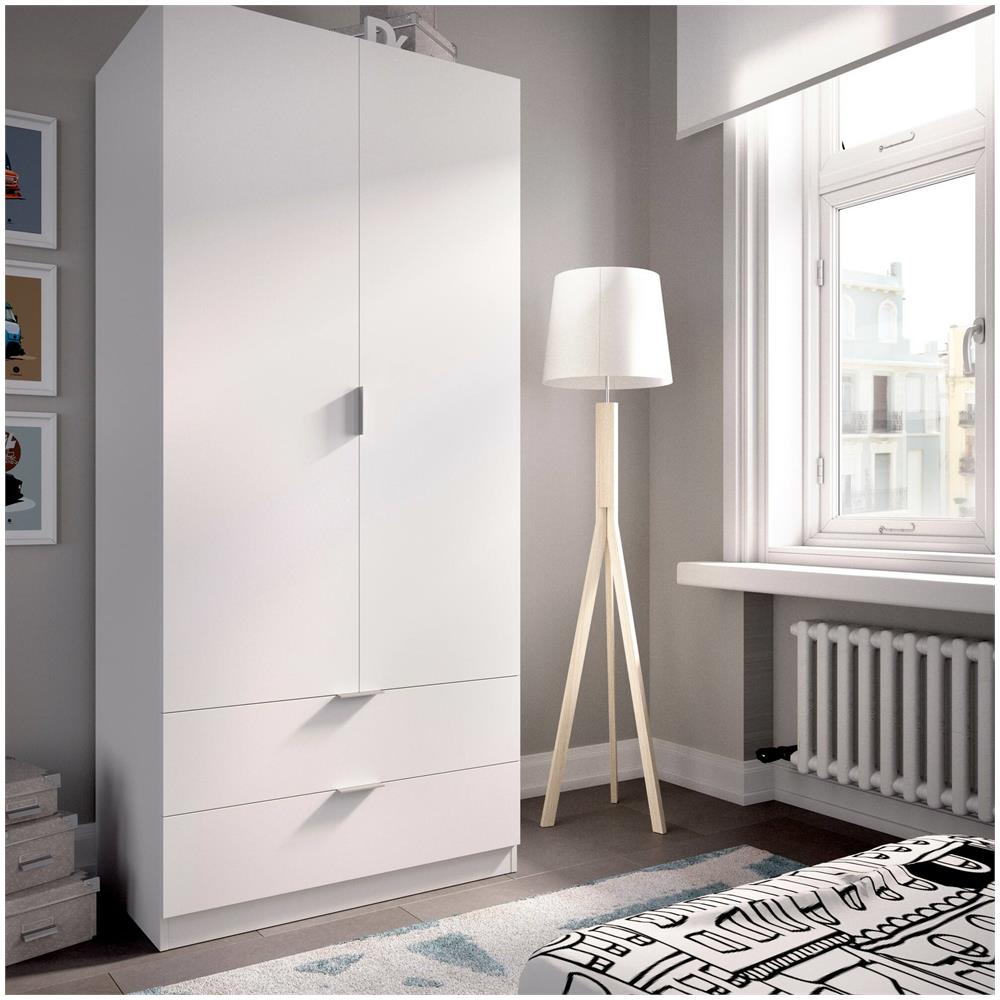 Guardaroba Pisanino, Mobile Appendiabiti Per Camera Da Letto, Armadio A 2 Ante Battenti E 2 Cassetti, 81x52h184 Cm, Bianco - Foto 1