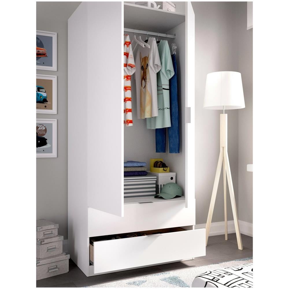 Guardaroba Pisanino, Mobile Appendiabiti Per Camera Da Letto, Armadio A 2 Ante Battenti E 2 Cassetti, 81x52h184 Cm, Bianco - Foto 4